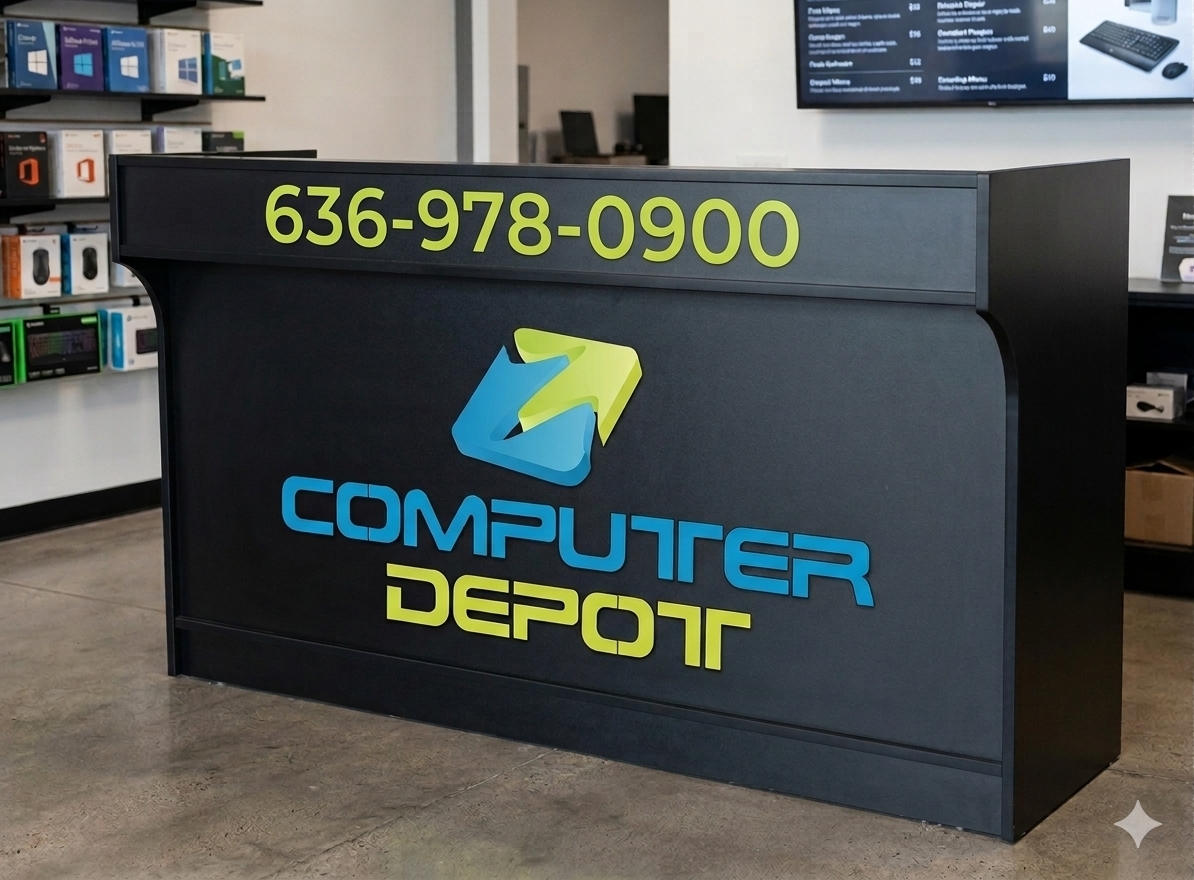 Computer Depot branded front counter with company phone number 636-978-0900