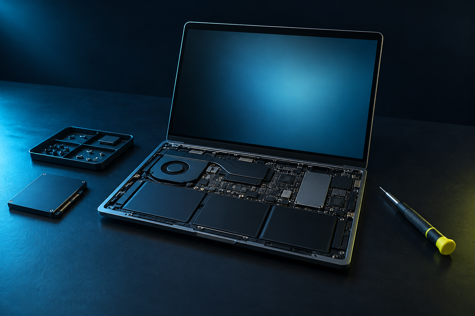 Original Computer Depot brand illustration of a laptop and precision repair tools on a dark workbench